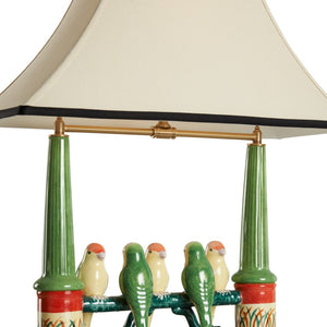 Wildwood Budgies Hand-Painted Ceramic Table Lamp With Five Colorful Parakeets, Tan Shade, Newport Mansion Style 60353