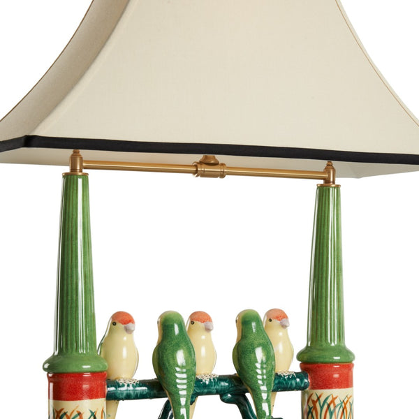 Wildwood Budgies Hand-Painted Ceramic Table Lamp With Five Colorful Parakeets, Tan Shade, Newport Mansion Style 60353