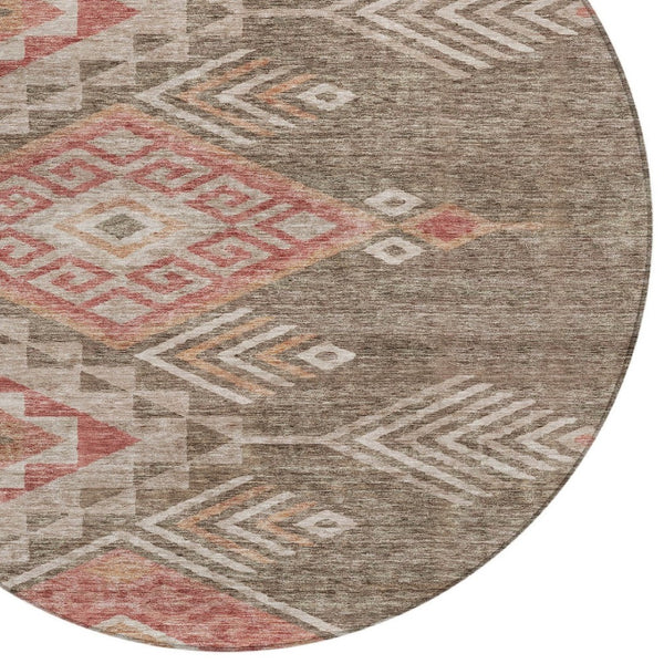 Homeroots 3' Brown And Terra Cotta Southwestern Washable Area Rug For Indoor And Outdoor Spaces 8' Round Polyester 603535