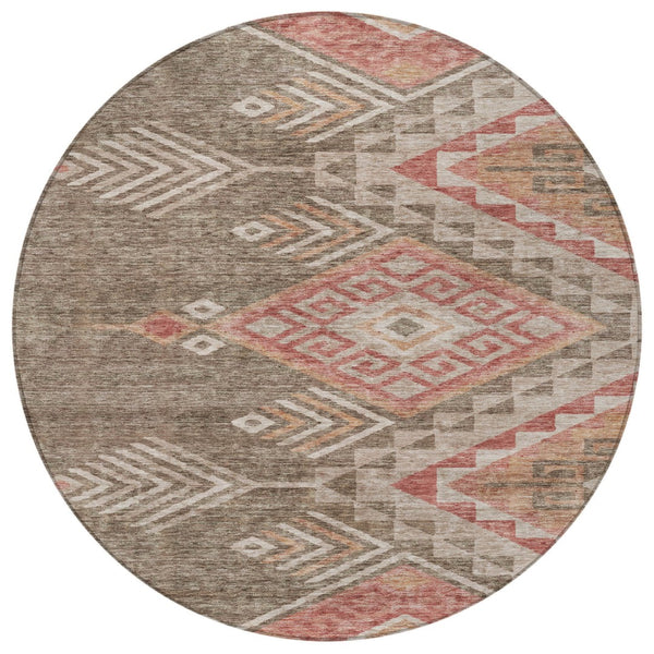 Homeroots 3' Brown And Terra Cotta Southwestern Washable Area Rug For Indoor And Outdoor Spaces 8' Round Polyester 603535