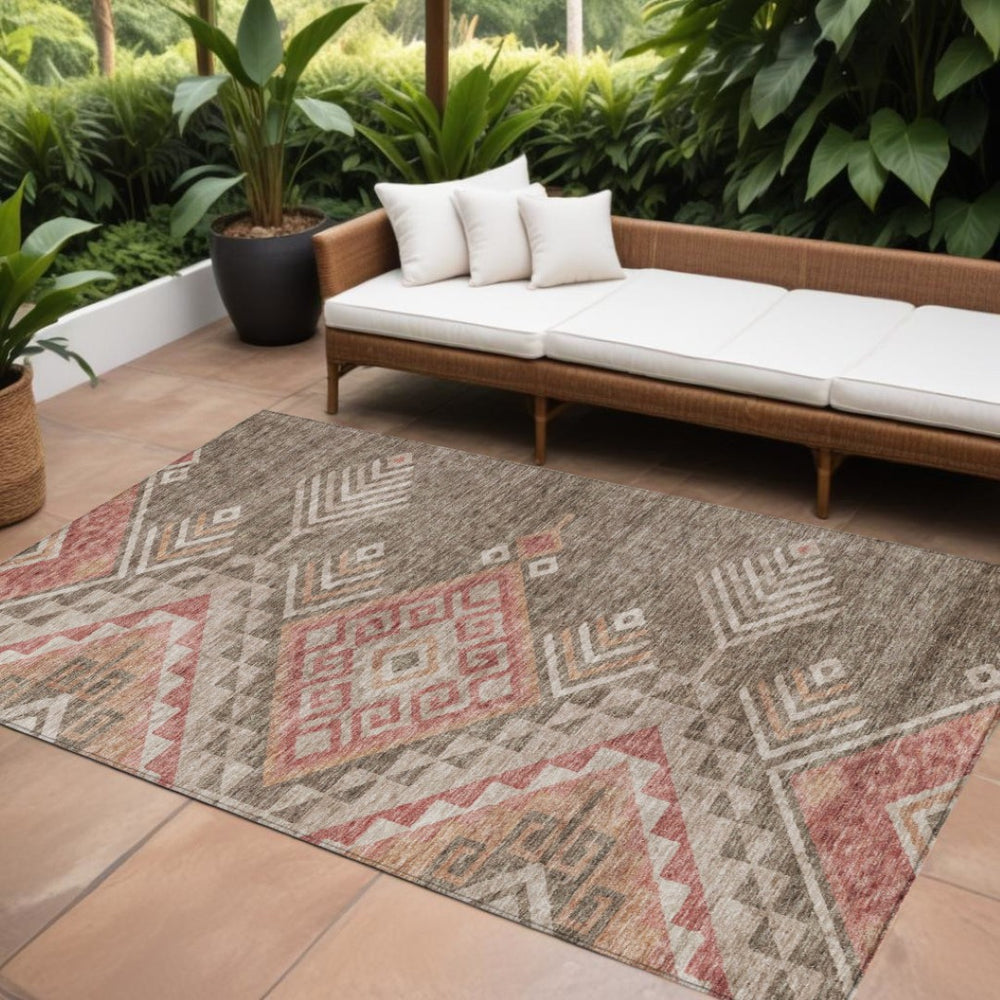 HomeRoots 9' X 12' Durable Southwestern Area Rug - Washable Indoor/Outdoor Design in Earthy Brown & Terra Cotta 603537