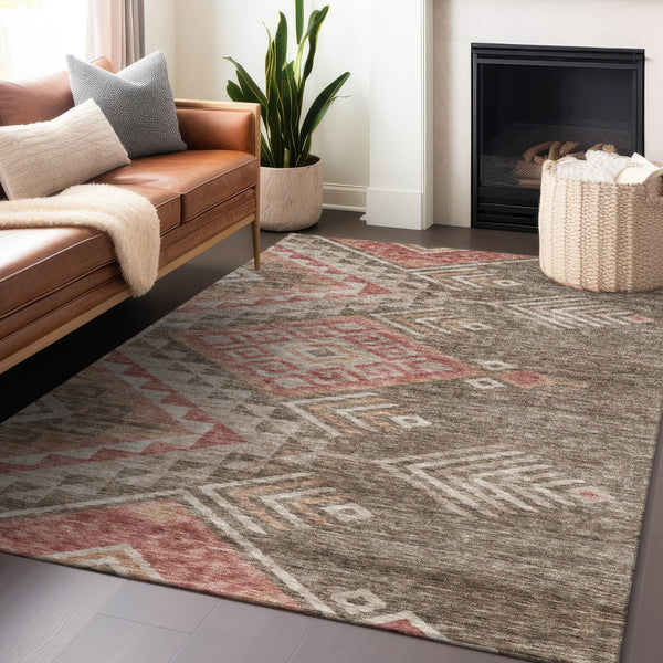 Homeroots 3' Brown And Terra Cotta Southwestern Washable Area Rug For Indoor And Outdoor Spaces 10' X 14' Polyester 603538