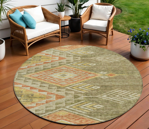 Homeroots 3' Brown And Terra Cotta Southwestern Washable Area Rug For Indoor And Outdoor Spaces 8' Round Polyester 603541