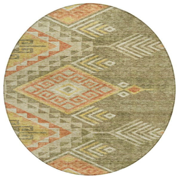 HomeRoots 5' Green and Terra Cotta Southwestern Washable Area Rug for Indoor and Outdoor Spaces, Durable Design 8' Round 603541