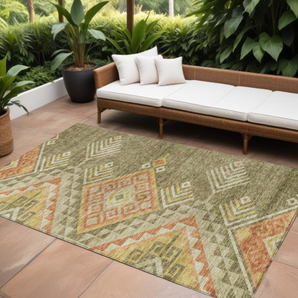 HomeRoots 9' X 12' Southwestern Washable Area Rug - Durable Green & Terra Cotta Design for Indoor/Outdoor Use 603543