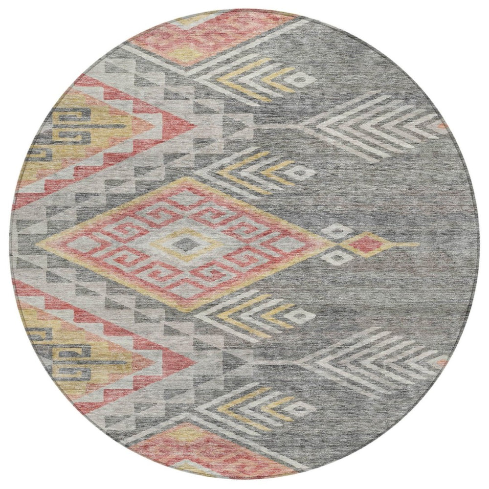 HomeRoots 5' Gray and Terra Cotta Southwestern Area Rug – Stylish, Washable, Indoor/Outdoor, Stain-Resistant Design 8' Round 603547