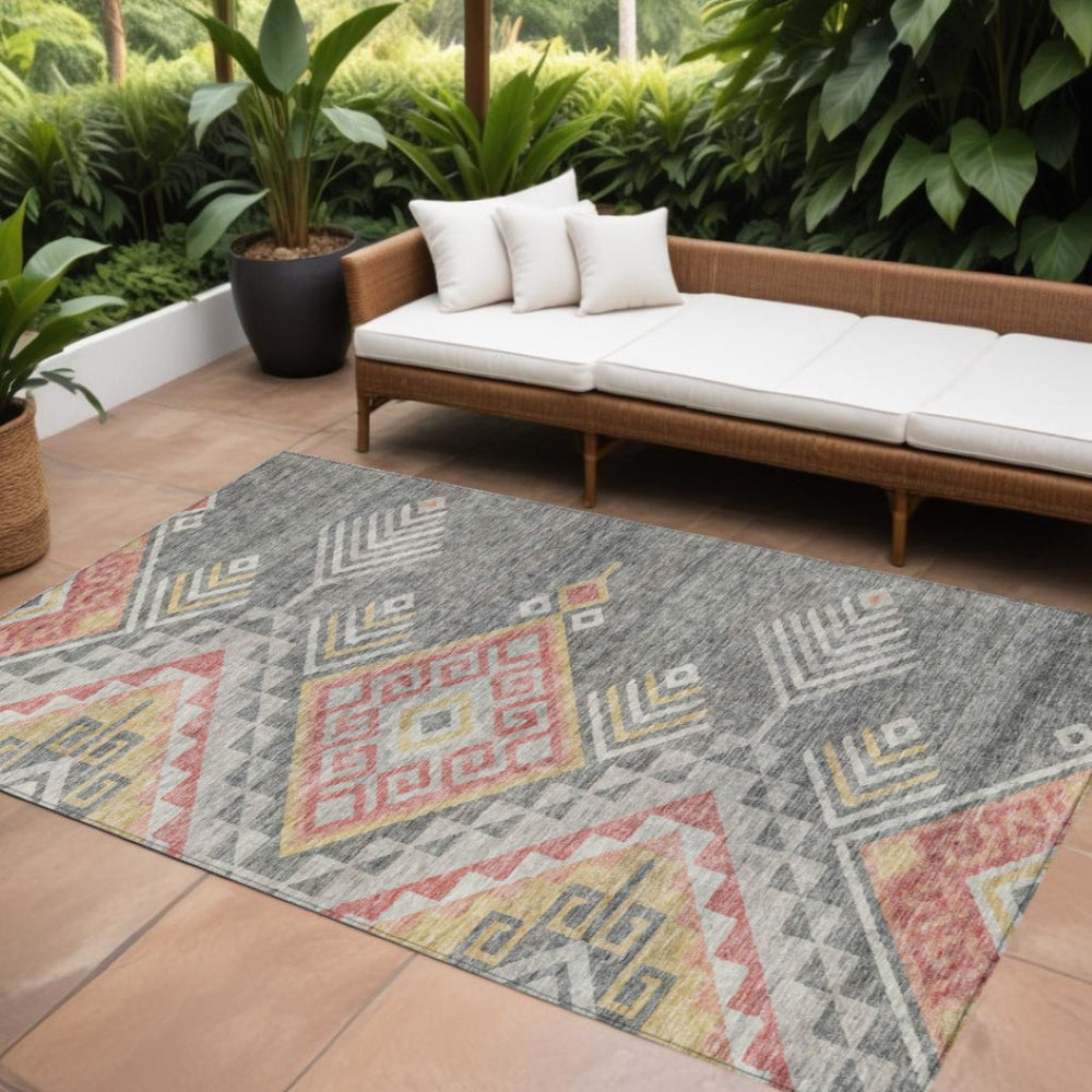 HomeRoots 9' X 12' Gray and Terra Cotta Southwestern Indoor Outdoor Rug - Washable, Durable, Versatile Style 603549