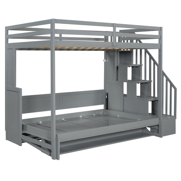 English Elm Full Over Murphy Bunk Bed with Hydraulic Lift Staircase Storage and Fold Away Desk LP000698AAE