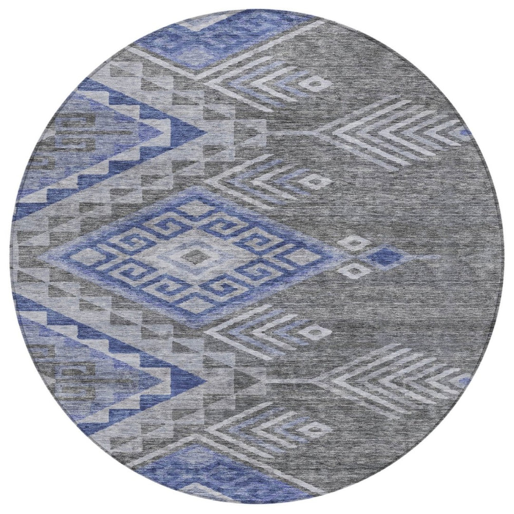 HomeRoots 5' Southwestern Area Rug in Pewter and Blue – Durable, Washable Design for Indoor & Outdoor Spaces 8' Round 603559