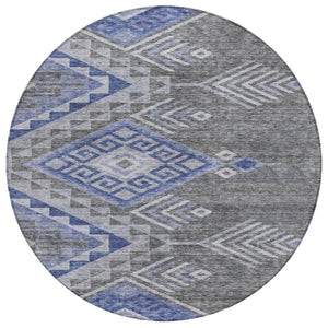 HomeRoots 5' Southwestern Area Rug in Pewter and Blue – Durable, Washable Design for Indoor & Outdoor Spaces 8' Round 603559