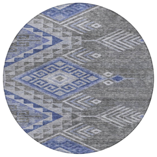 HomeRoots 5' Southwestern Area Rug in Pewter and Blue – Durable, Washable Design for Indoor & Outdoor Spaces 8' Round 603559