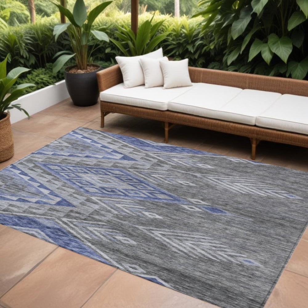 HomeRoots 9' X 12' Durable Pewter and Blue Southwestern Washable Area Rug for Indoor & Outdoor Spaces 603561