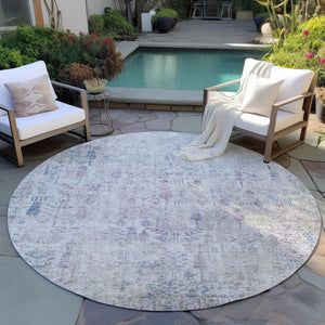 Homeroots 3' Elegant Ivory Blue And Purple Floral Washable Area Rug For Indoor And Outdoor Spaces 8' Round Polyester 603571