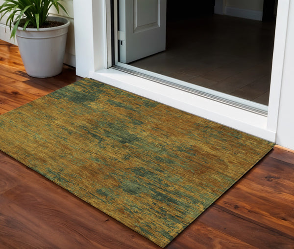 Homeroots 3' Copper And Green Abstract Washable Area Rug For Indoor And Outdoor Spaces, Durable Design 3' X 5' Polyester 603581