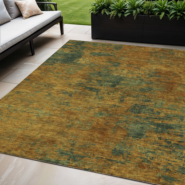 Homeroots 3' Copper And Green Abstract Washable Area Rug For Indoor And Outdoor Spaces, Durable Design 5' X 8' Polyester 603582