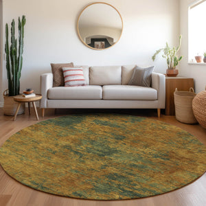 Homeroots 3' Copper And Green Abstract Washable Area Rug For Indoor And Outdoor Spaces, Durable Design 8' Round Polyester 603583