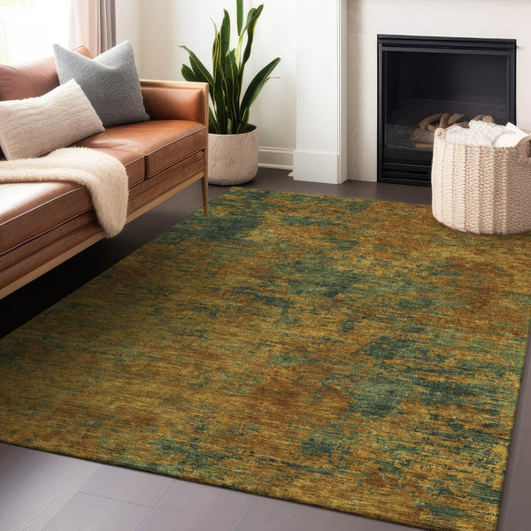 Homeroots 3' Copper And Green Abstract Washable Area Rug For Indoor And Outdoor Spaces, Durable Design 8' X 10' Polyester 603584