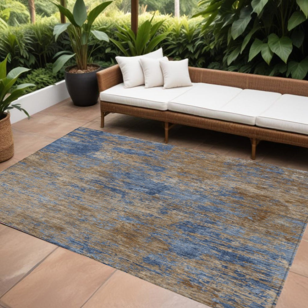 HomeRoots 5' Navy Blue and Brown Abstract Area Rug – Stylish, Washable Design for Indoor and Outdoor Spaces 10' X 14' 603598