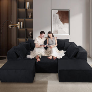 English Elm 8-Piece Modular U-Shaped Sectional Sofa with Oversized Chaise and Bed, Corduroy Luxury, No Assembly Needed Black W3163S00042