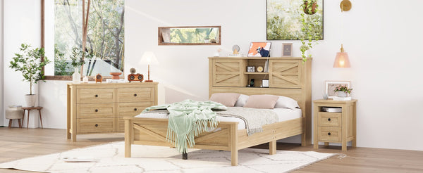 English Elm 3-Pieces Bedroom Set Full Size Farmhouse Platform Bed with Storage Headboard, Nightstand & Dresser Natural 59.25 L x 18.31 W x 8.27 H N733S369048M