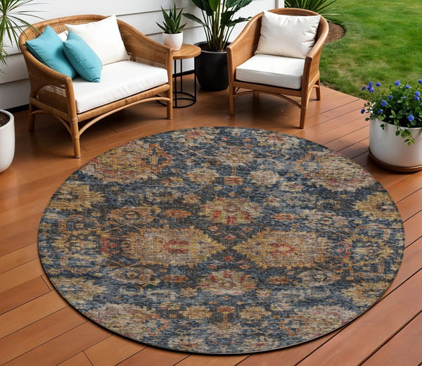 Homeroots 3'' Stylish Navy Blue Brown Terra Cotta Damask Washable Rug For Indoor And Outdoor Spaces 8' Round Polyester 603601