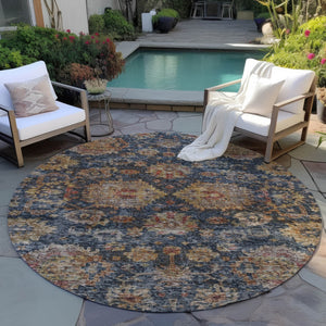 Homeroots 3'' Stylish Navy Blue Brown Terra Cotta Damask Washable Rug For Indoor And Outdoor Spaces 8' Round Polyester 603601