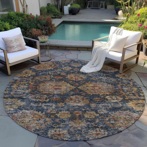 Homeroots 3'' Stylish Navy Blue Brown Terra Cotta Damask Washable Rug For Indoor And Outdoor Spaces 8' Round Polyester 603601