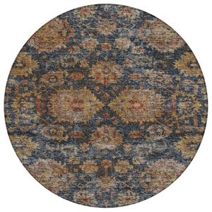 HomeRoots 5' Elegant Navy Blue Damask Area Rug - Washable, Durable, Indoor/Outdoor Versatile Design for Any Space 8' Round 603601