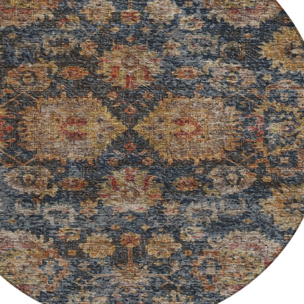 Homeroots 3'' Stylish Navy Blue Brown Terra Cotta Damask Washable Rug For Indoor And Outdoor Spaces 8' Round Polyester 603601