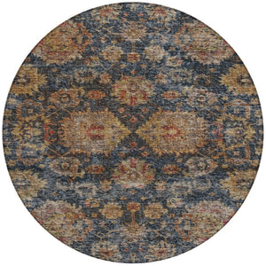 Homeroots 3'' Stylish Navy Blue Brown Terra Cotta Damask Washable Rug For Indoor And Outdoor Spaces 8' Round Polyester 603601