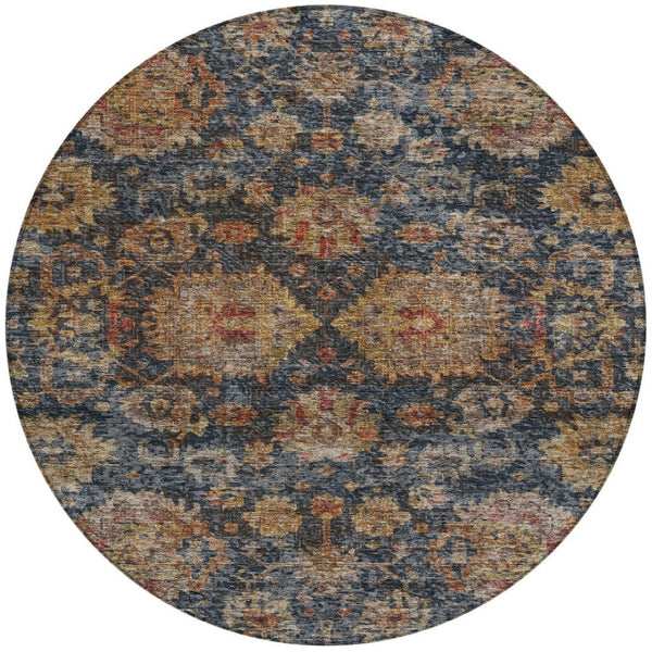 Homeroots 3'' Stylish Navy Blue Brown Terra Cotta Damask Washable Rug For Indoor And Outdoor Spaces 8' Round Polyester 603601