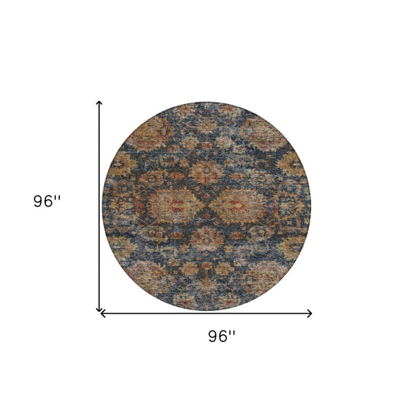 Homeroots 3'' Stylish Navy Blue Brown Terra Cotta Damask Washable Rug For Indoor And Outdoor Spaces 8' Round Polyester 603601
