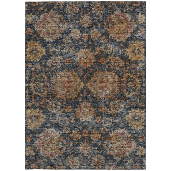 Homeroots 3'' Stylish Navy Blue Brown Terra Cotta Damask Washable Rug For Indoor And Outdoor Spaces 9' X 12' Polyester 603603