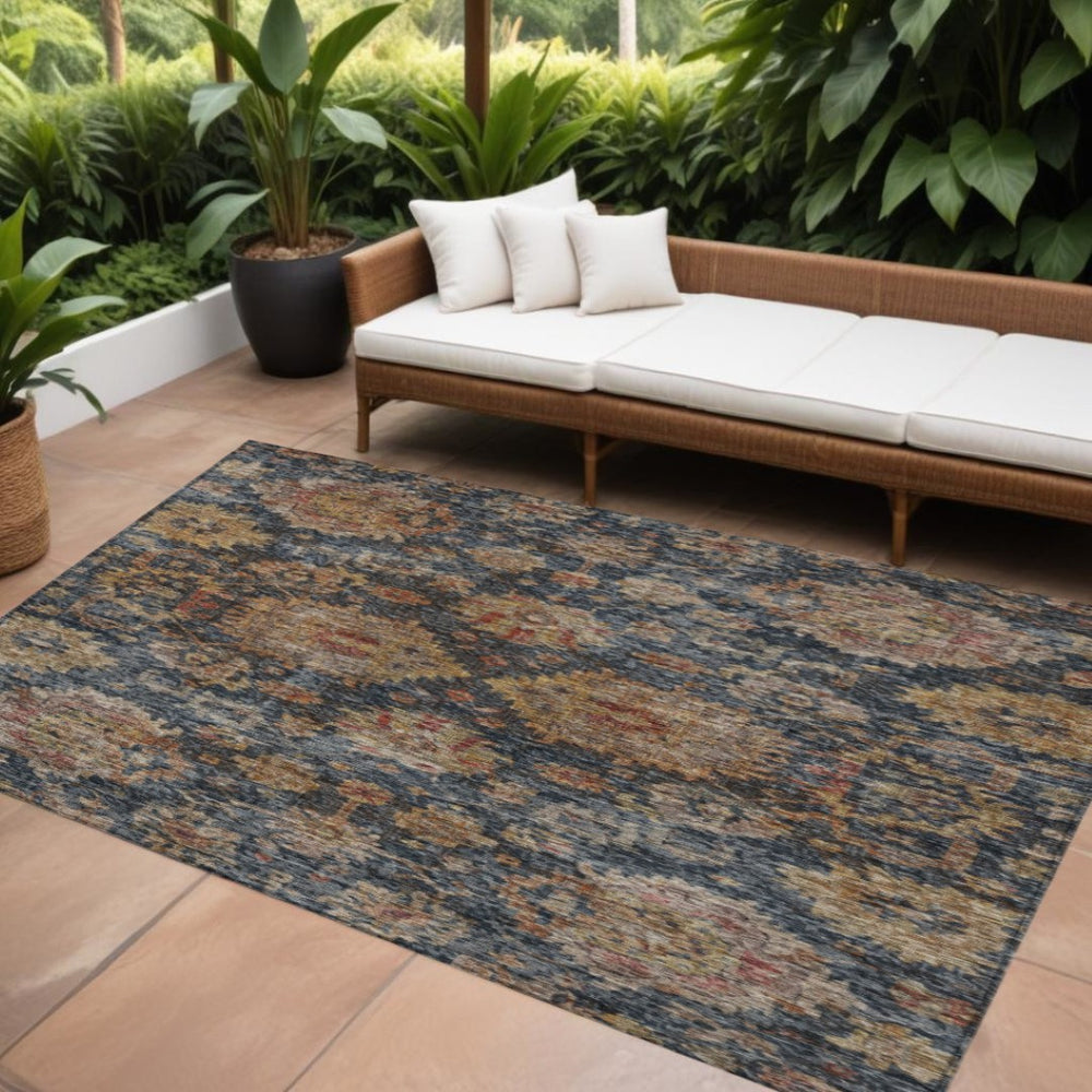 HomeRoots 9' Elegant Navy Blue and Terra Cotta Damask Washable Area Rug for Indoor & Outdoor Spaces 603603
