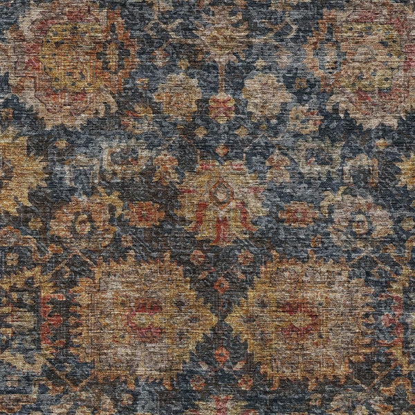 Homeroots 3'' Stylish Navy Blue Brown Terra Cotta Damask Washable Rug For Indoor And Outdoor Spaces 10' X 14' Polyester 603604