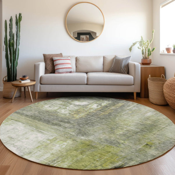 Homeroots 3' Abstract Artichoke Green And Ivory Indoor Outdoor Area Rug – Durable, Washable, Stylish Design 8' Round Polyester 603607