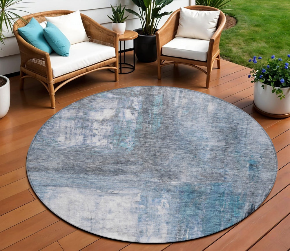 HomeRoots 5' Abstract Blue Gray Ivory Area Rug - Machine Washable, Durable for Indoor & Outdoor Spaces 8' Round 603613