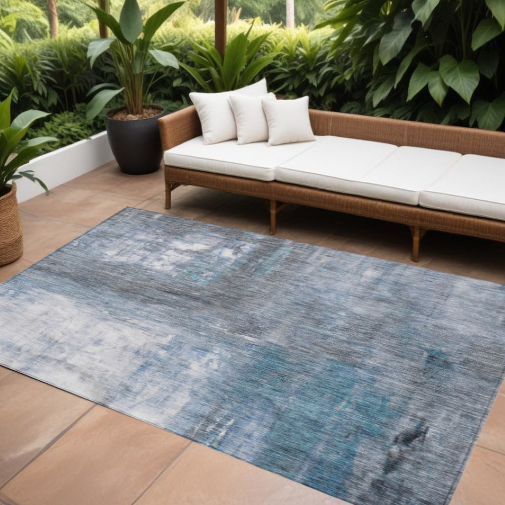 HomeRoots 9' X 12' Contemporary Blue Gray and Ivory Abstract Washable Rug for Indoor and Outdoor Use 603615