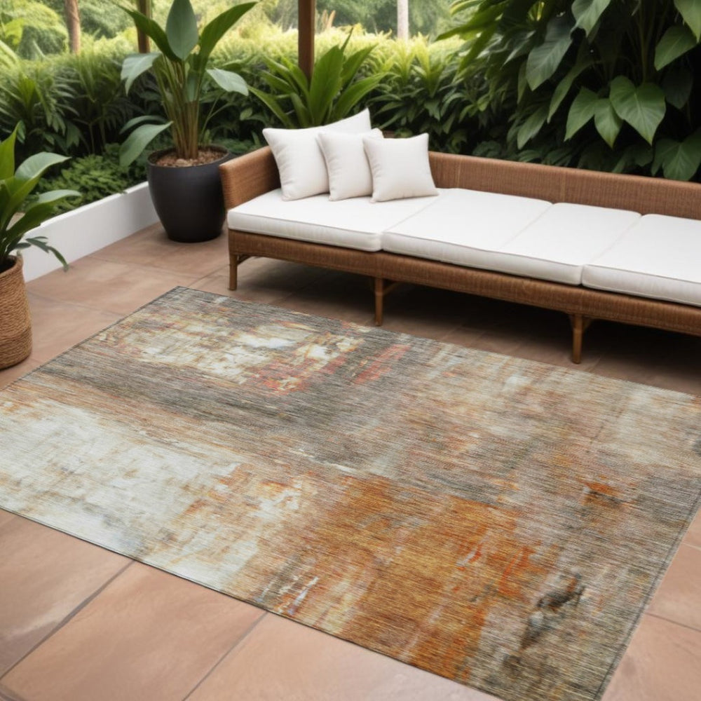 HomeRoots 9' X 12' Stylish Copper Ivory Brown Abstract Washable Rug for Indoor & Outdoor High-Traffic Areas 603621