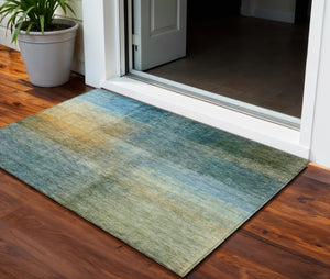 Homeroots 3' Blue Gold And Green Abstract Washable Area Rug - Perfect For Indoor And Outdoor Spaces, Durable Design 3' X 5' Polyester 603629