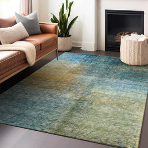 Homeroots 3' Blue Gold And Green Abstract Washable Area Rug - Perfect For Indoor And Outdoor Spaces, Durable Design 3' X 5' Polyester 603629