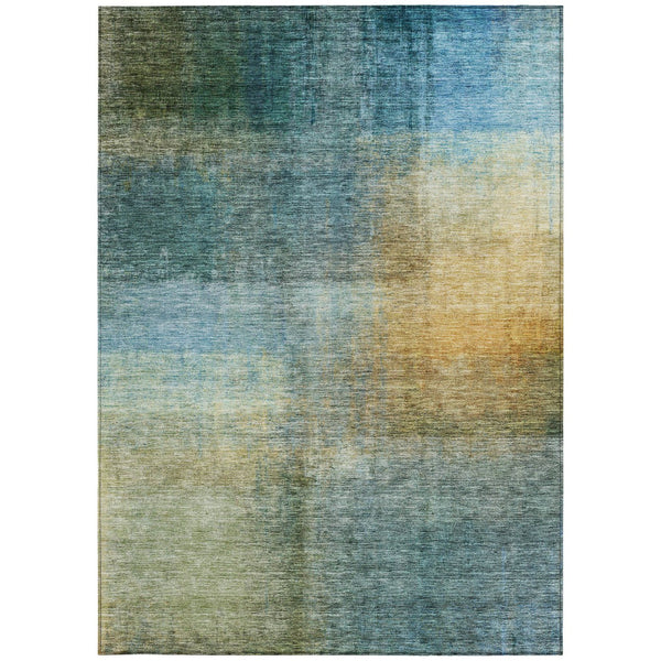 Homeroots 3' Blue Gold And Green Abstract Washable Area Rug - Perfect For Indoor And Outdoor Spaces, Durable Design 5' X 8' Polyester 603630
