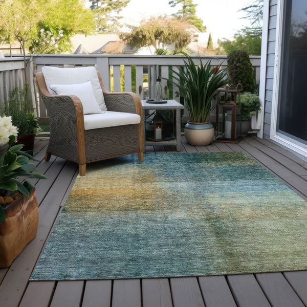 Homeroots 3' Blue Gold And Green Abstract Washable Area Rug - Perfect For Indoor And Outdoor Spaces, Durable Design 5' X 8' Polyester 603630