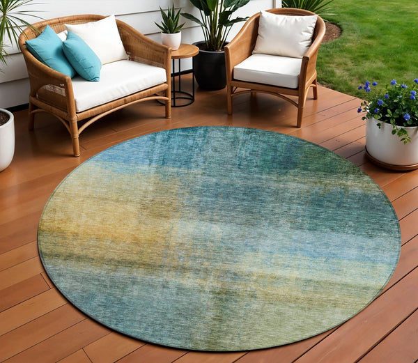 Homeroots 3' Blue Gold And Green Abstract Washable Area Rug - Perfect For Indoor And Outdoor Spaces, Durable Design 8' Round Polyester 603631