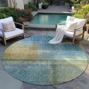 Homeroots 3' Blue Gold And Green Abstract Washable Area Rug - Perfect For Indoor And Outdoor Spaces, Durable Design 8' Round Polyester 603631