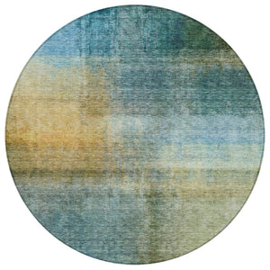 HomeRoots 5' Blue Gold and Green Abstract Washable Area Rug - Stylish, Durable Indoor-Outdoor Design for Your Home 8' Round 603631