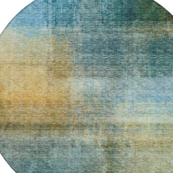 Homeroots 3' Blue Gold And Green Abstract Washable Area Rug - Perfect For Indoor And Outdoor Spaces, Durable Design 8' Round Polyester 603631