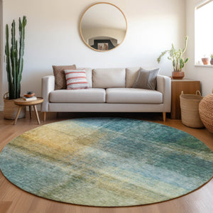 Homeroots 3' Blue Gold And Green Abstract Washable Area Rug - Perfect For Indoor And Outdoor Spaces, Durable Design 8' Round Polyester 603631