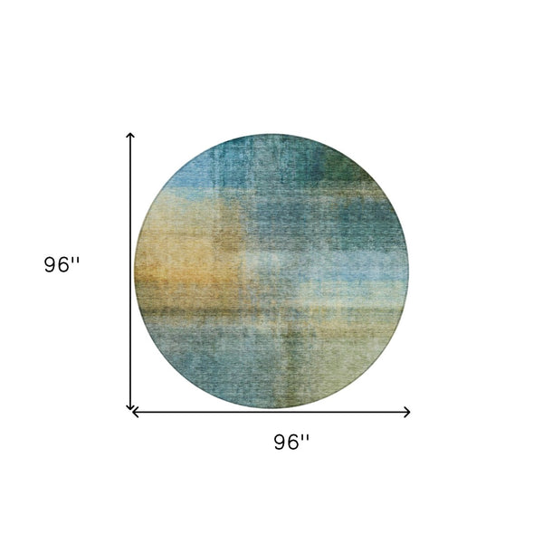 Homeroots 3' Blue Gold And Green Abstract Washable Area Rug - Perfect For Indoor And Outdoor Spaces, Durable Design 8' Round Polyester 603631