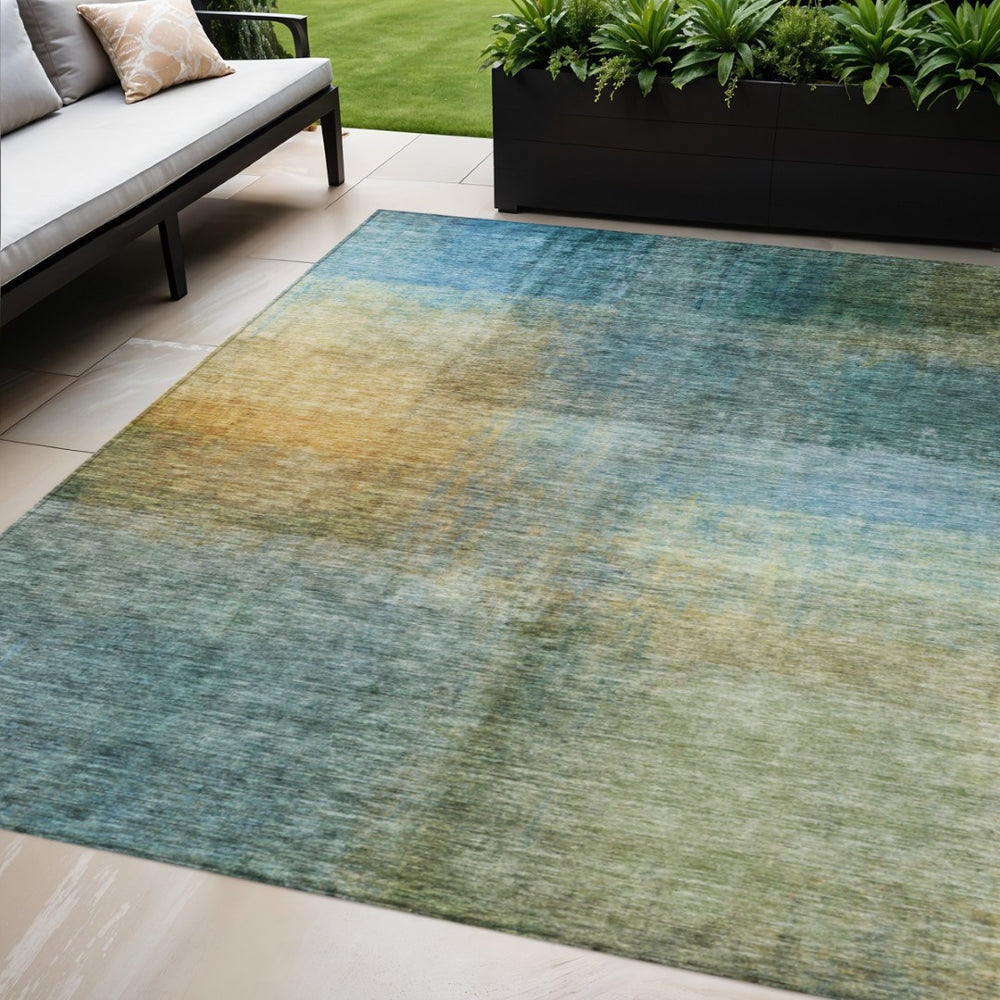 HomeRoots 5' Blue Gold and Green Abstract Washable Area Rug - Stylish, Durable Indoor-Outdoor Design for Your Home 8' X 10' 603632